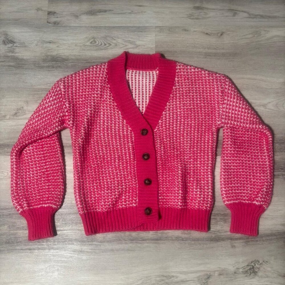 Pink White Knit Cardigan Women Size S Soft Stretch Button Sweater Cute Cozy
